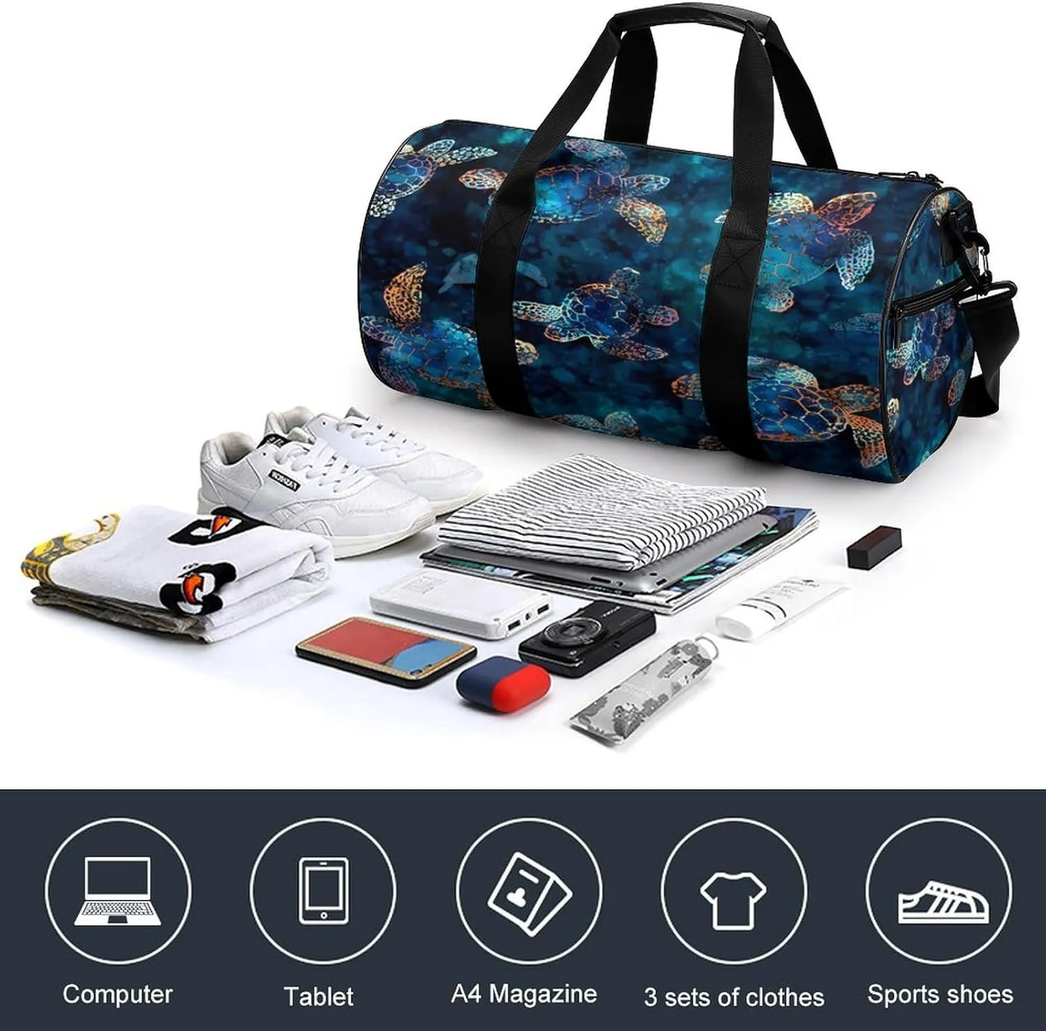 Sea Turtle Duffelbag Outdoor Tote Bag Lightweight Duffelbag Picnic Bags Easy Carry Satchels Durable Handbag Convertible Duffle 17.7in/9in/9in