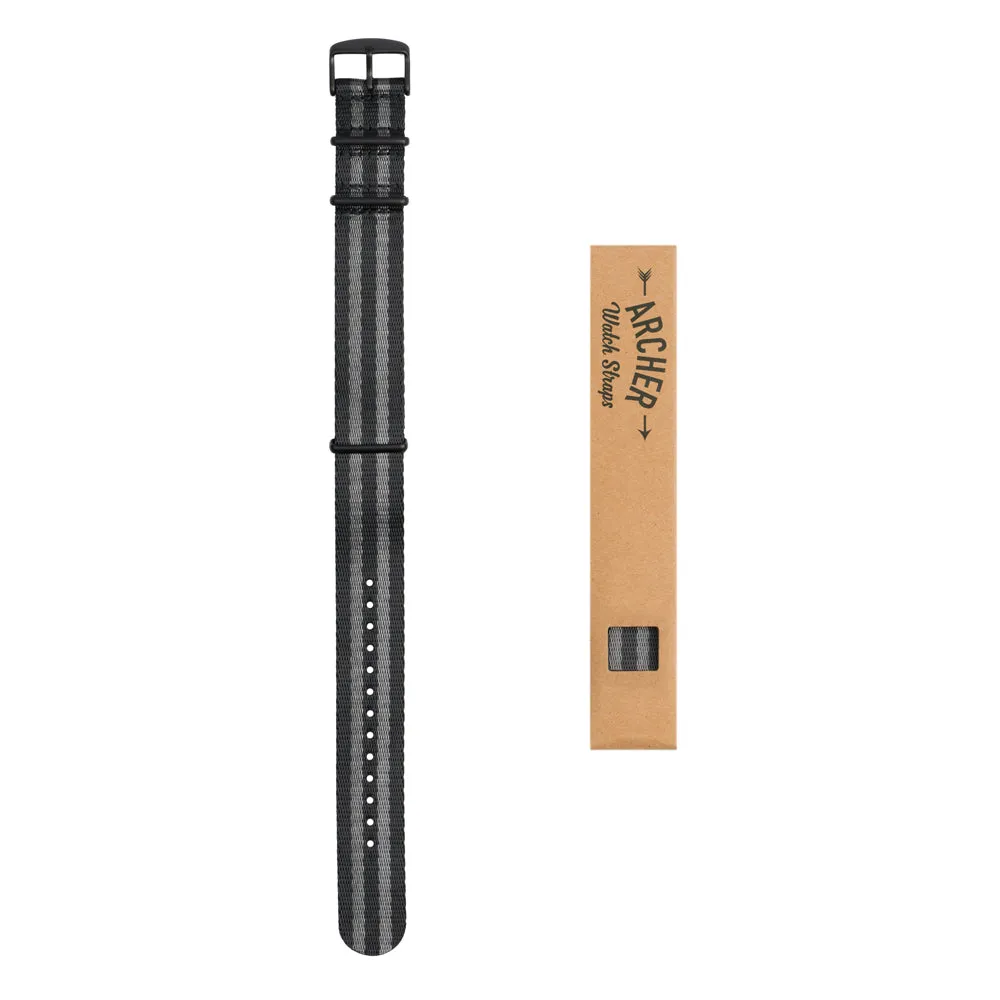 Seat Belt Nylon Military Style Watch Band - Black and Gray, Black Hardware