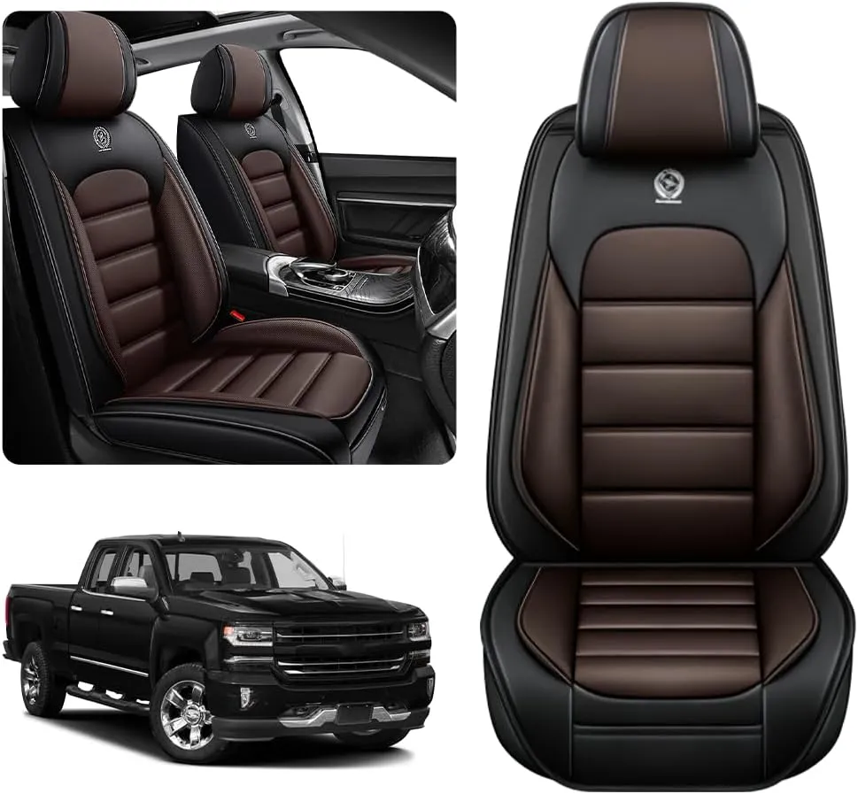 Seat Covers Front Set 2007-2024 1500 2500/HD 3500/HD Chevy Silverado GMC Sierra, Truck Seat Covers Waterproof Leather Seat Protectors, (Front Pair, Black&Coffee)