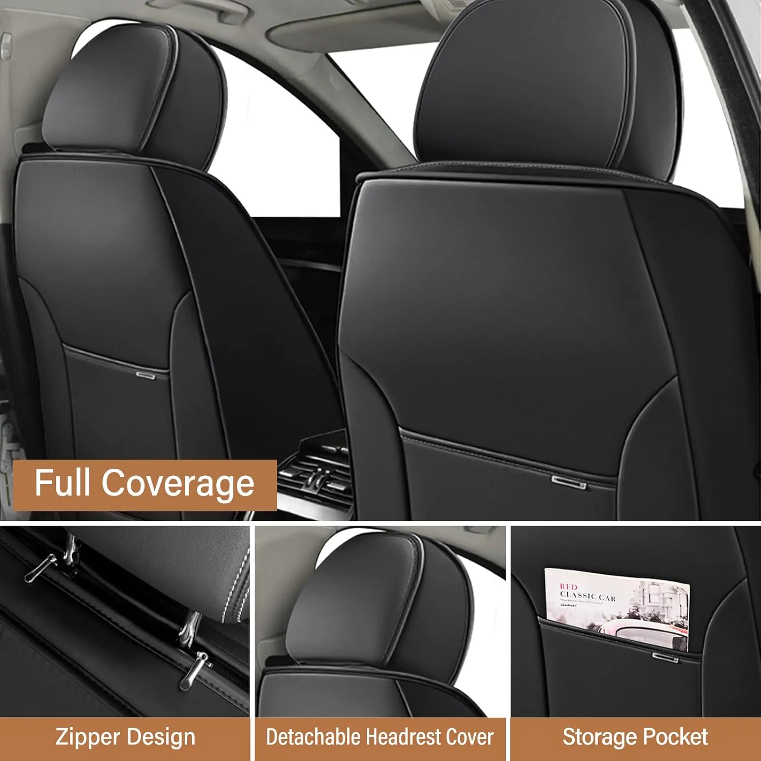 Seat Covers Front Set 2007-2024 1500 2500/HD 3500/HD Chevy Silverado GMC Sierra, Truck Seat Covers Waterproof Leather Seat Protectors, (Front Pair, Black&Coffee)