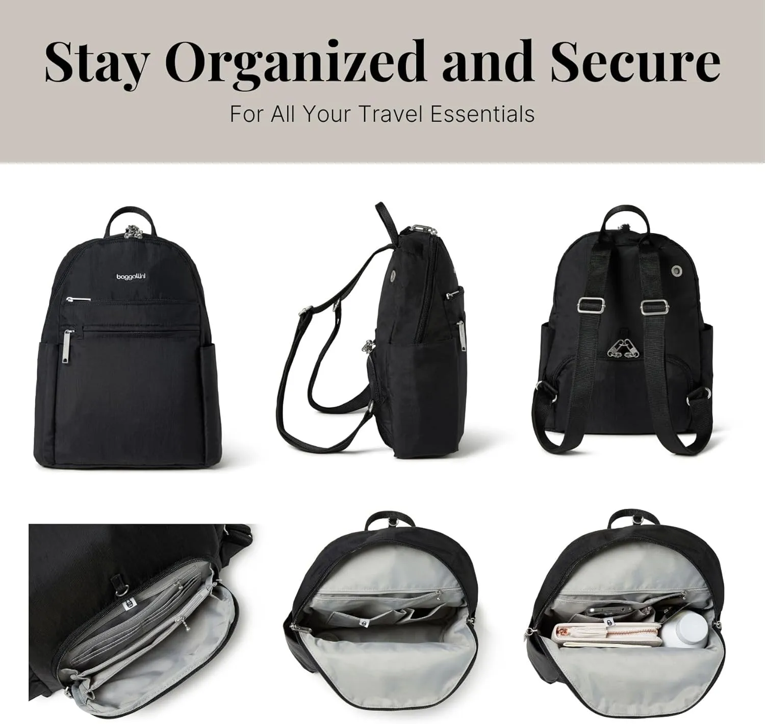 Securtex® Anti-theft Vacation Travel Backpack 10x13" Slash-Resistant Nylon Daypack w/RFID, Black