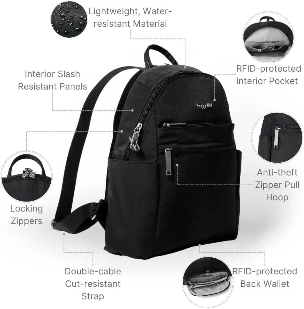Securtex® Anti-theft Vacation Travel Backpack 10x13" Slash-Resistant Nylon Daypack w/RFID, Black