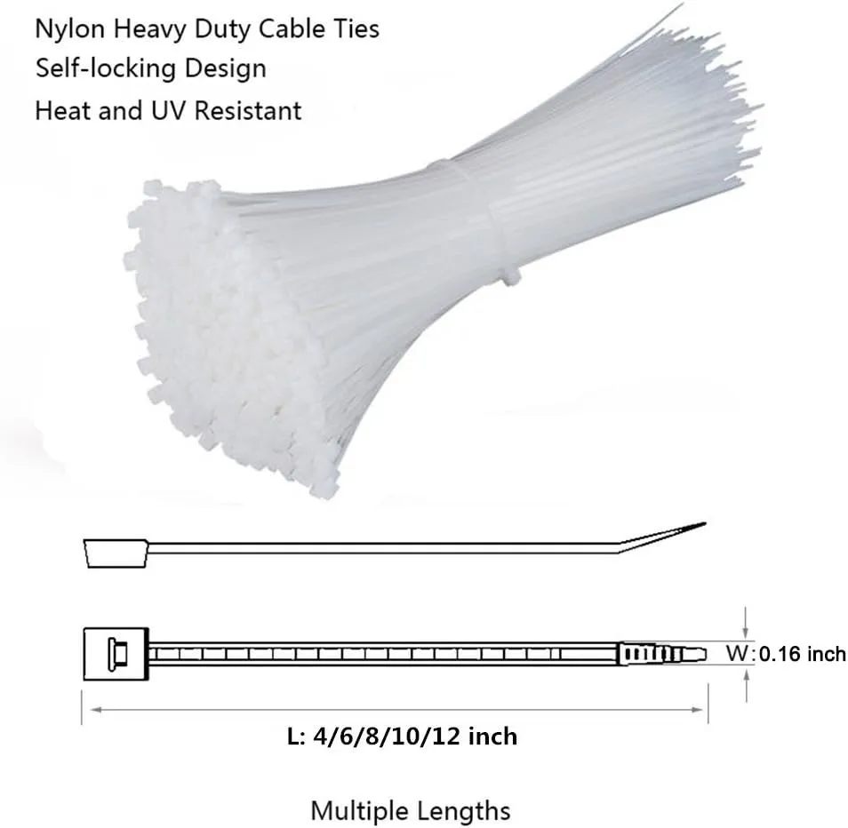 Self Locking Nylon Cable Zip Ties,4 6 8 10 12 Inches,Width 0.16inch,500Pcs HeavyDuty Wire Tie Wraps for Home,Office,Garden,Garage,Workshop (White)