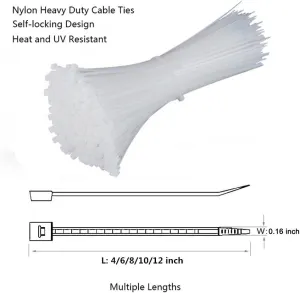 Self Locking Nylon Cable Zip Ties,4 6 8 10 12 Inches,Width 0.16inch,500Pcs HeavyDuty Wire Tie Wraps for Home,Office,Garden,Garage,Workshop (White)