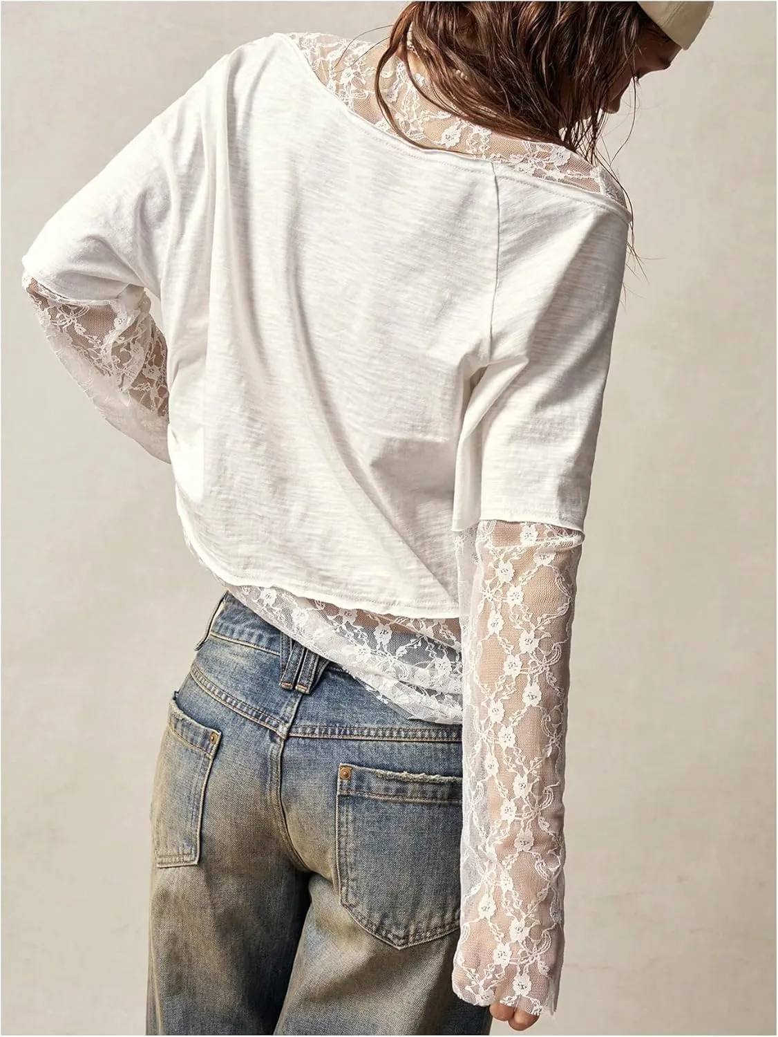 SHENHE Women's Lace Patchwork Off The Shoulder Long Sleeve Loose Fit Tee Shirt Top