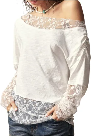 SHENHE Women's Lace Patchwork Off The Shoulder Long Sleeve Loose Fit Tee Shirt Top