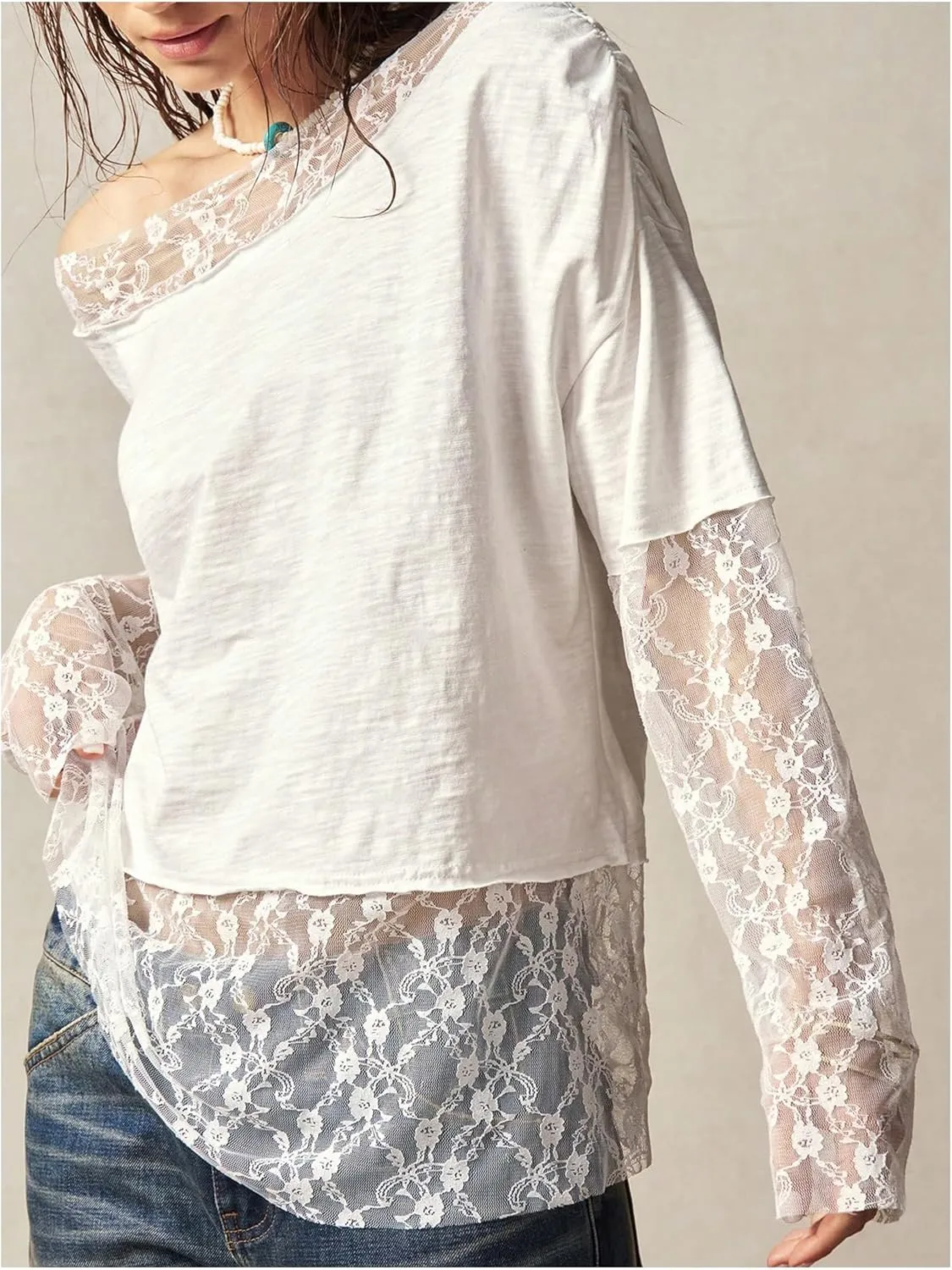 SHENHE Women's Lace Patchwork Off The Shoulder Long Sleeve Loose Fit Tee Shirt Top