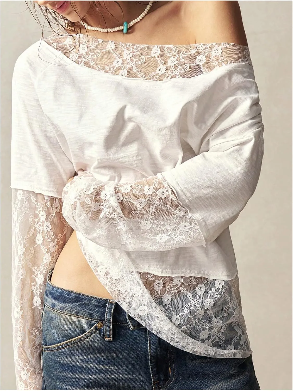SHENHE Women's Lace Patchwork Off The Shoulder Long Sleeve Loose Fit Tee Shirt Top