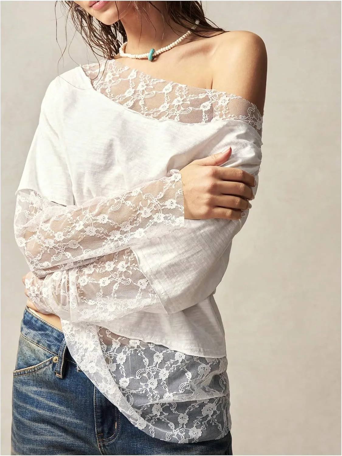 SHENHE Women's Lace Patchwork Off The Shoulder Long Sleeve Loose Fit Tee Shirt Top
