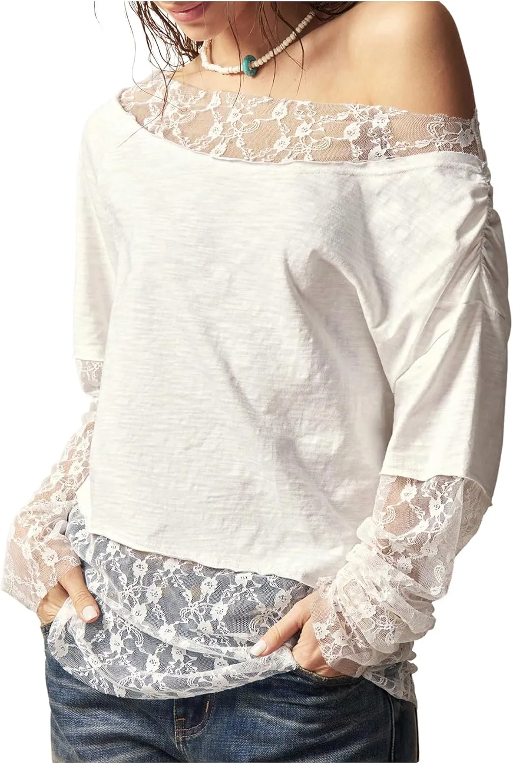 SHENHE Women's Lace Patchwork Off The Shoulder Long Sleeve Loose Fit Tee Shirt Top