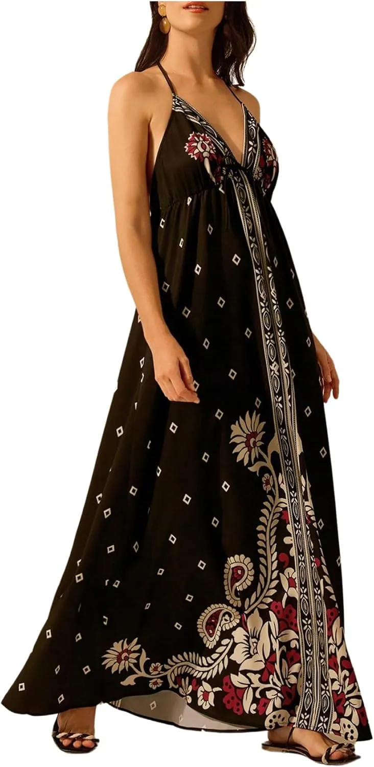 SHENHE Women's Summer Halter Neck Backless Maxi Dress Paisley Floral Flowy Swing Long Sundress