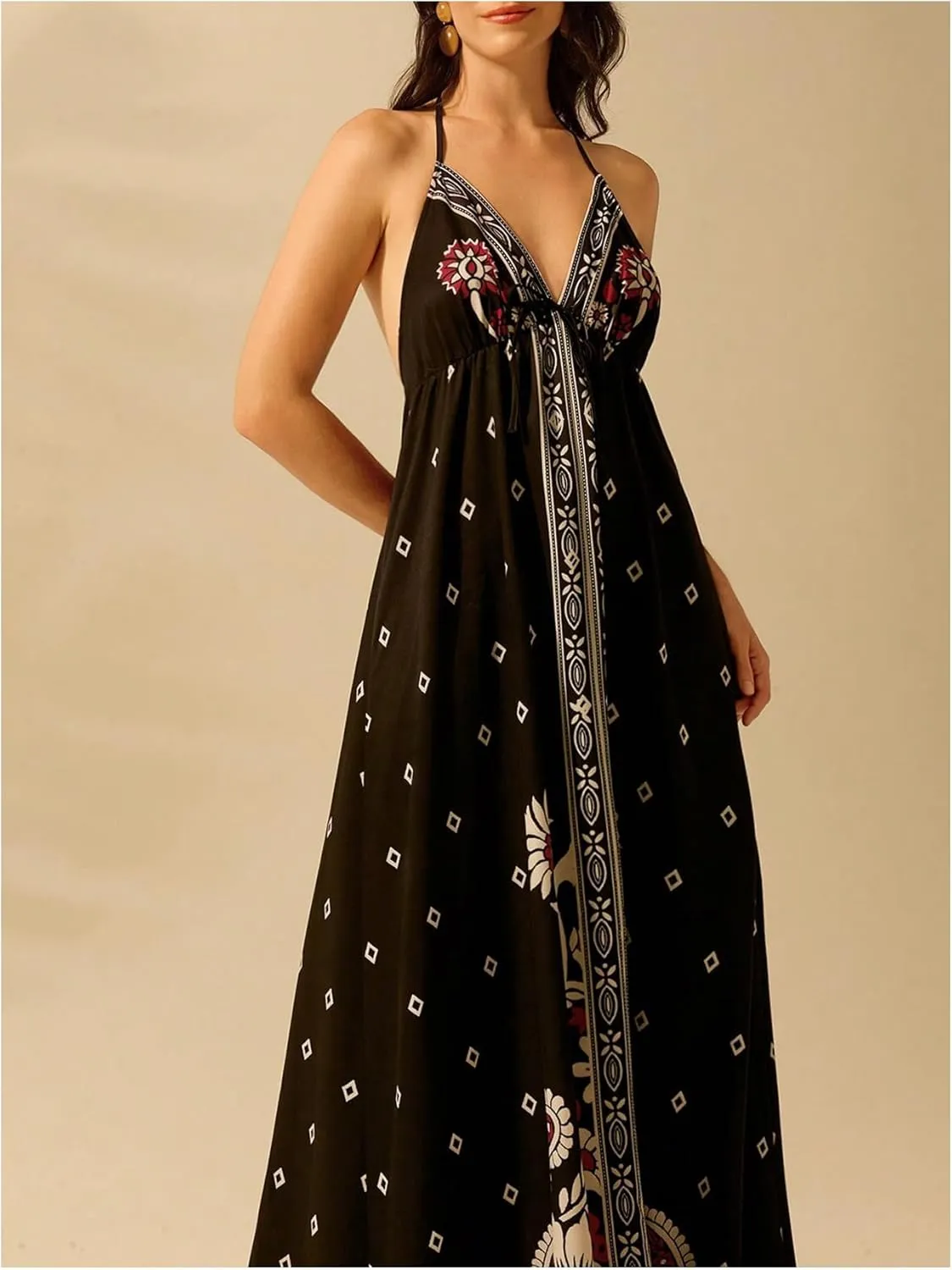 SHENHE Women's Summer Halter Neck Backless Maxi Dress Paisley Floral Flowy Swing Long Sundress