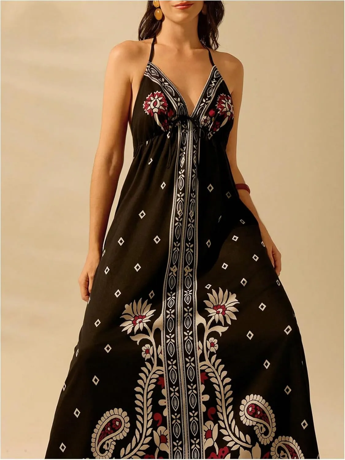 SHENHE Women's Summer Halter Neck Backless Maxi Dress Paisley Floral Flowy Swing Long Sundress