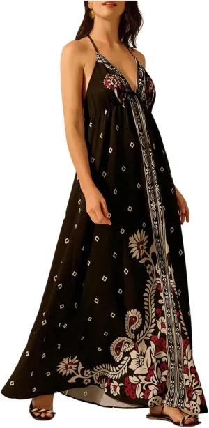SHENHE Women's Summer Halter Neck Backless Maxi Dress Paisley Floral Flowy Swing Long Sundress