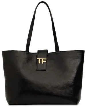 Shiny Leather Logo Tote in Black