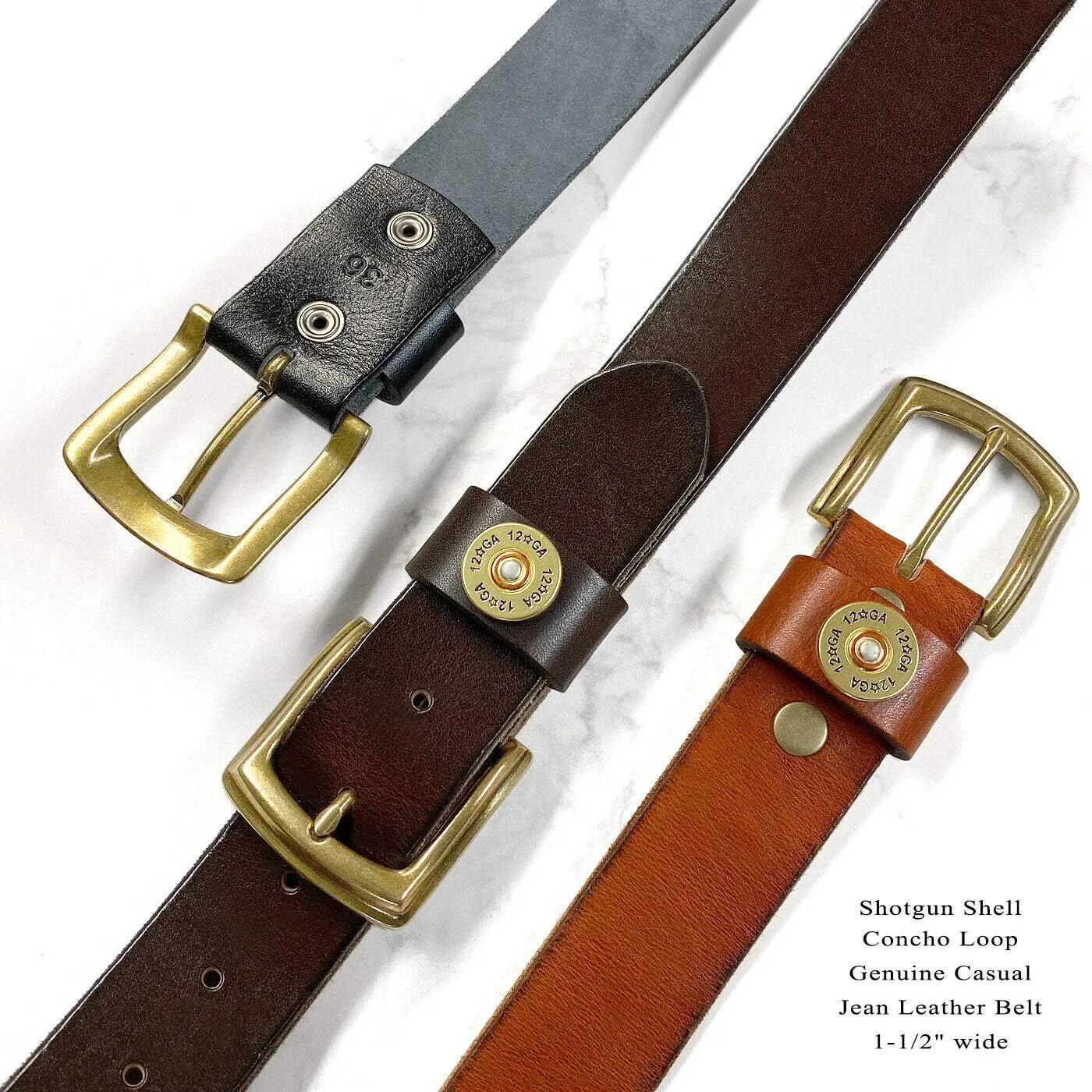 Shotgun Shell Concho Genuine Casual Jean Leather Belt 1-1/2"(38mm) wide