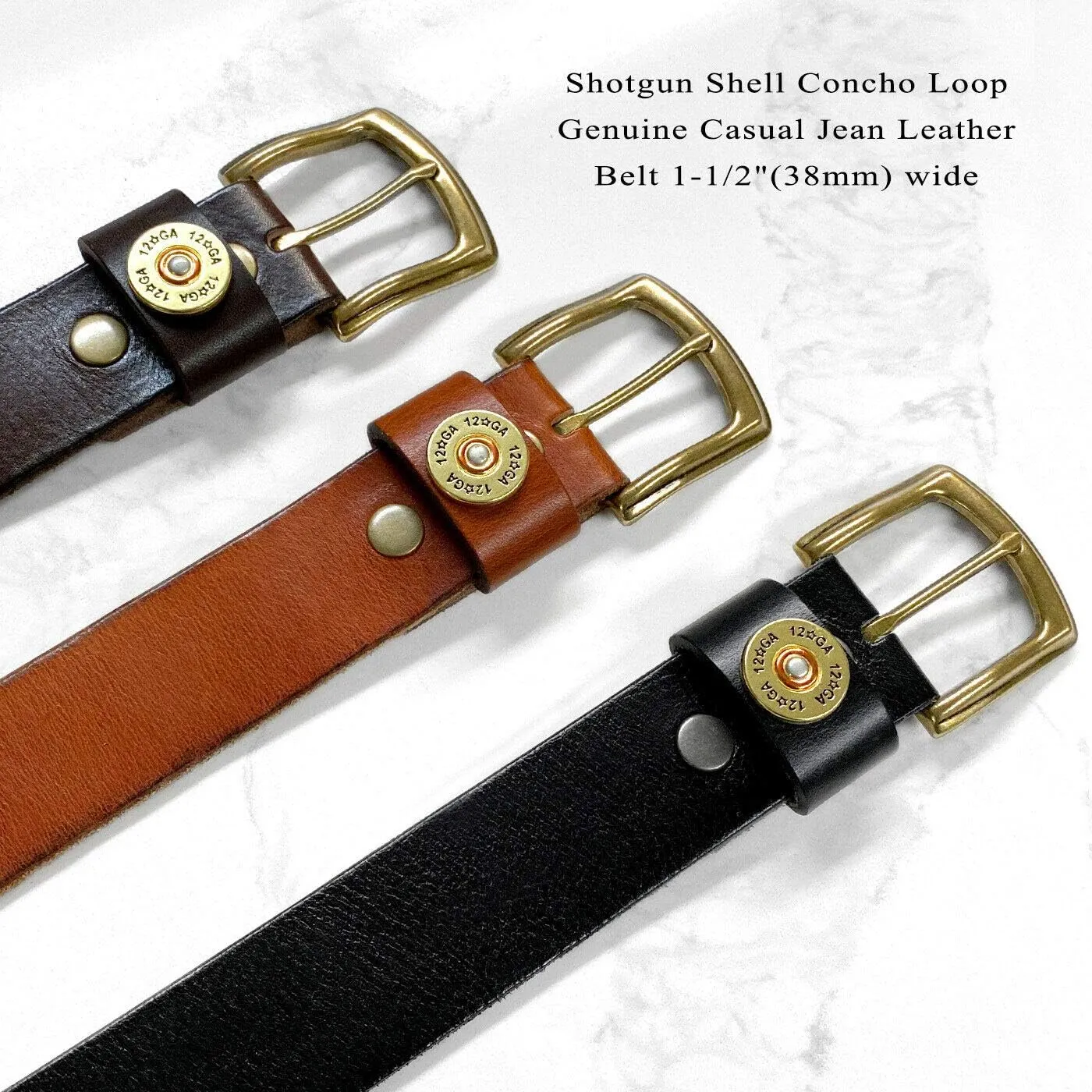 Shotgun Shell Concho Genuine Casual Jean Leather Belt 1-1/2"(38mm) wide