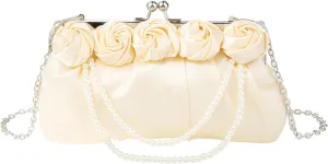Silk White Rose Clutch with Pearl Chain Evening Bag for Wedding Party