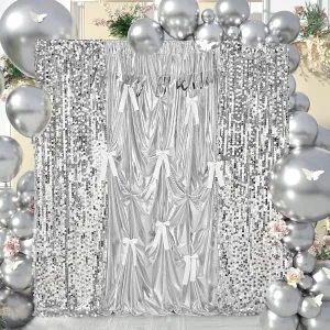Silver Backdrop Curtain Photo Decorations - 8.8x8ft Big Sequin Backdrop Curtains - DIY Bows Birthday Glitter Background Drape for Baby Shower Party Photography