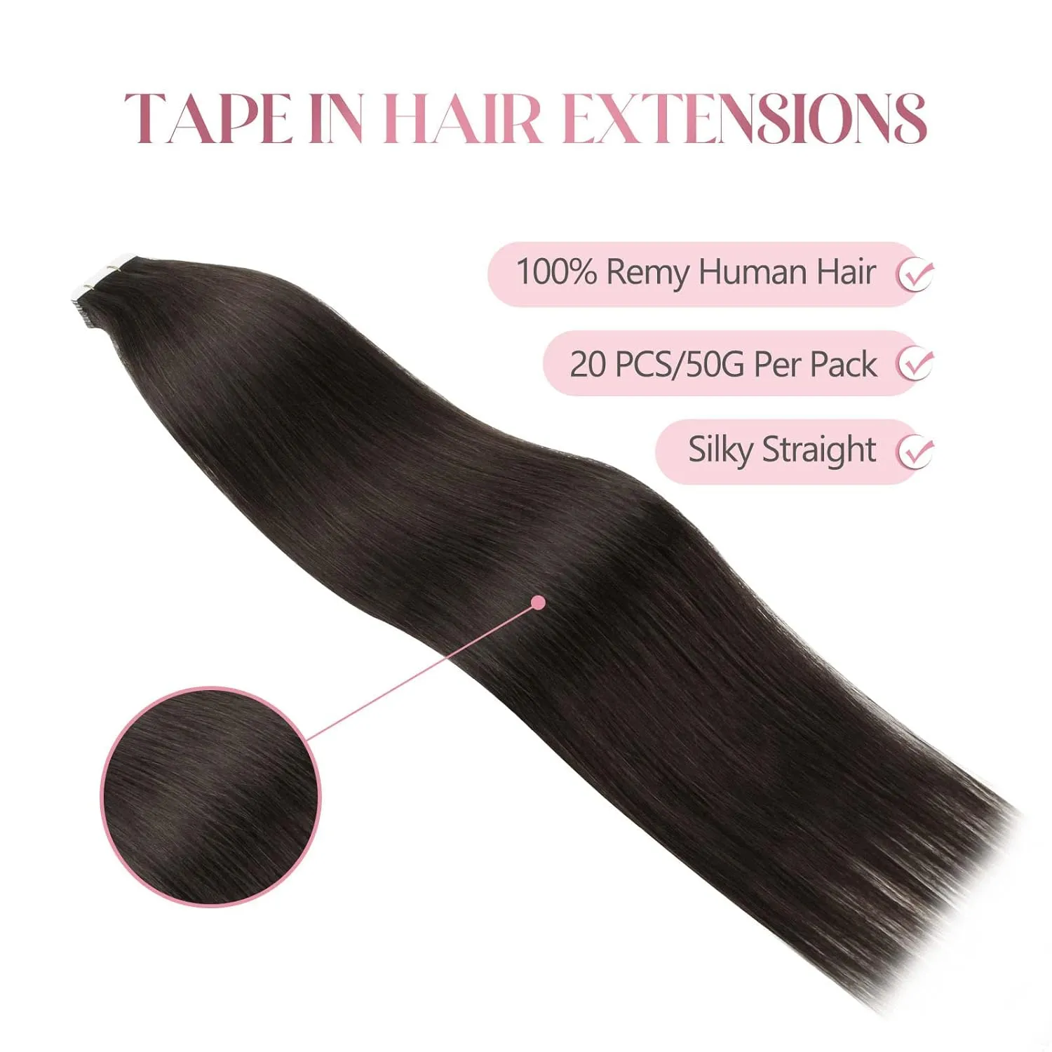 Sixstarhair Off Black Tape In Hair Extensions Black Brown Hair Extensions For Women Seamless Tape In Extensions Remy Human Hair 20 Pieces 50g per Pack [Color 1B 14inch]