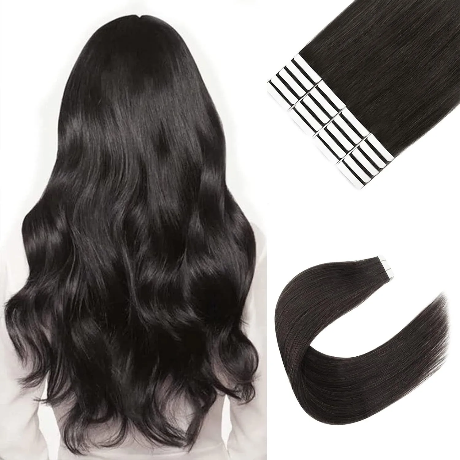 Sixstarhair Off Black Tape In Hair Extensions Black Brown Hair Extensions For Women Seamless Tape In Extensions Remy Human Hair 20 Pieces 50g per Pack [Color 1B 14inch]