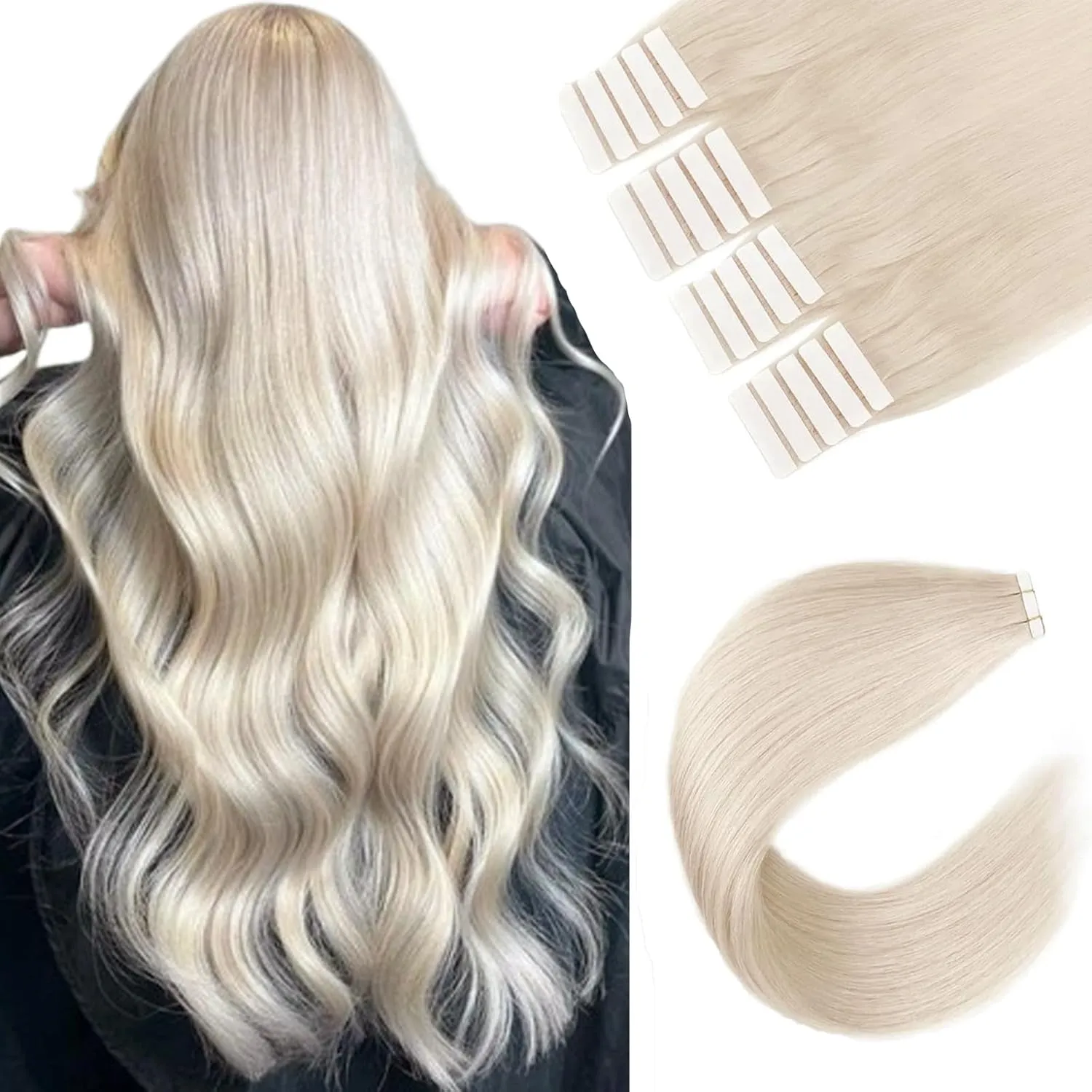 Sixstarhair Tape in Hair Extensions Silky Straight 100 Percent Remy Human Hair Soft Glue White Blonde Tape in Hair Extensions Human Hair Ice Blonde Tape Extensions Human Hair 50g [Color 1000 14inch]