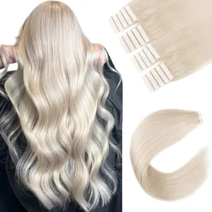 Sixstarhair Tape in Hair Extensions Silky Straight 100 Percent Remy Human Hair Soft Glue White Blonde Tape in Hair Extensions Human Hair Ice Blonde Tape Extensions Human Hair 50g [Color 1000 14inch]