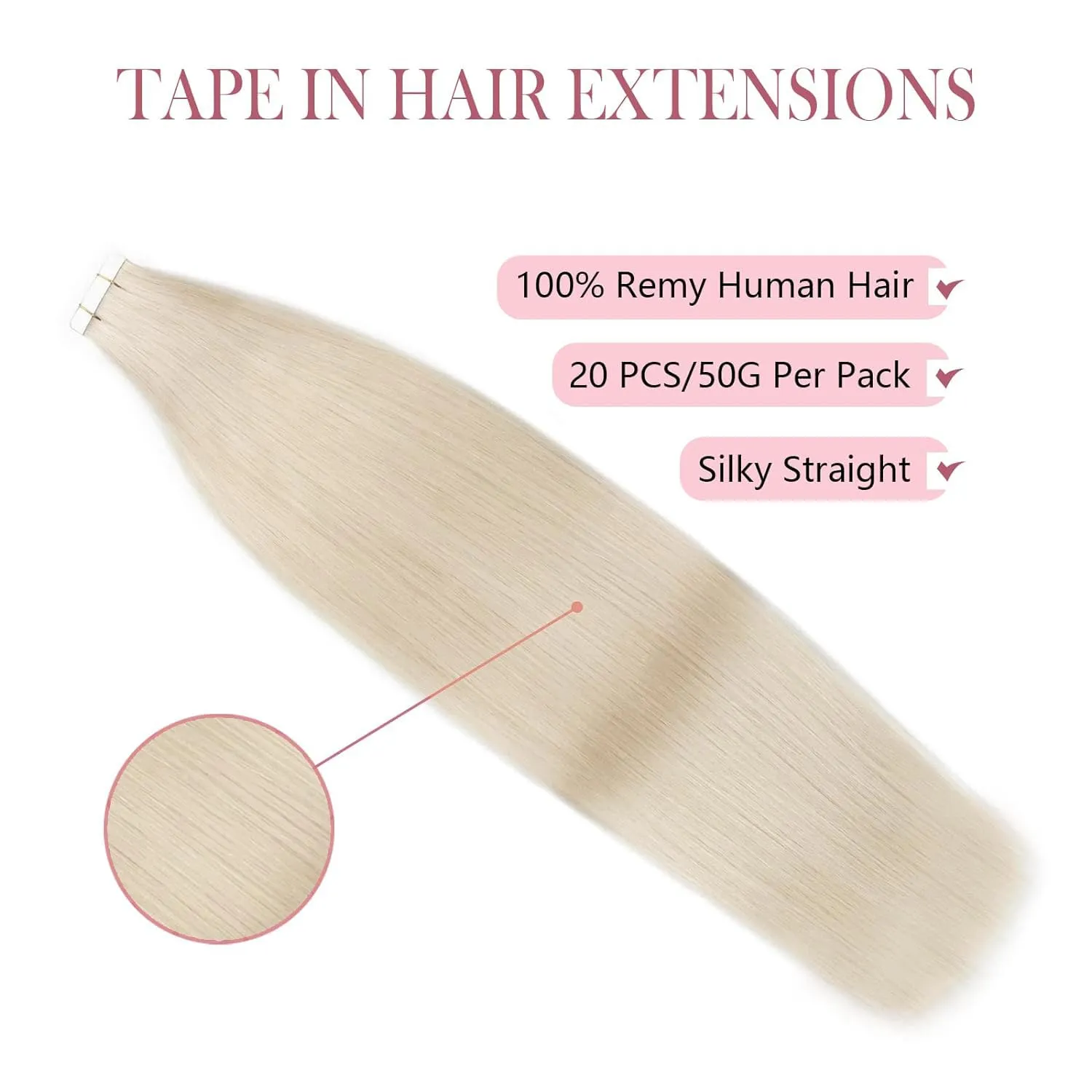 Sixstarhair Tape in Hair Extensions Silky Straight 100 Percent Remy Human Hair Soft Glue White Blonde Tape in Hair Extensions Human Hair Ice Blonde Tape Extensions Human Hair 50g [Color 1000 14inch]
