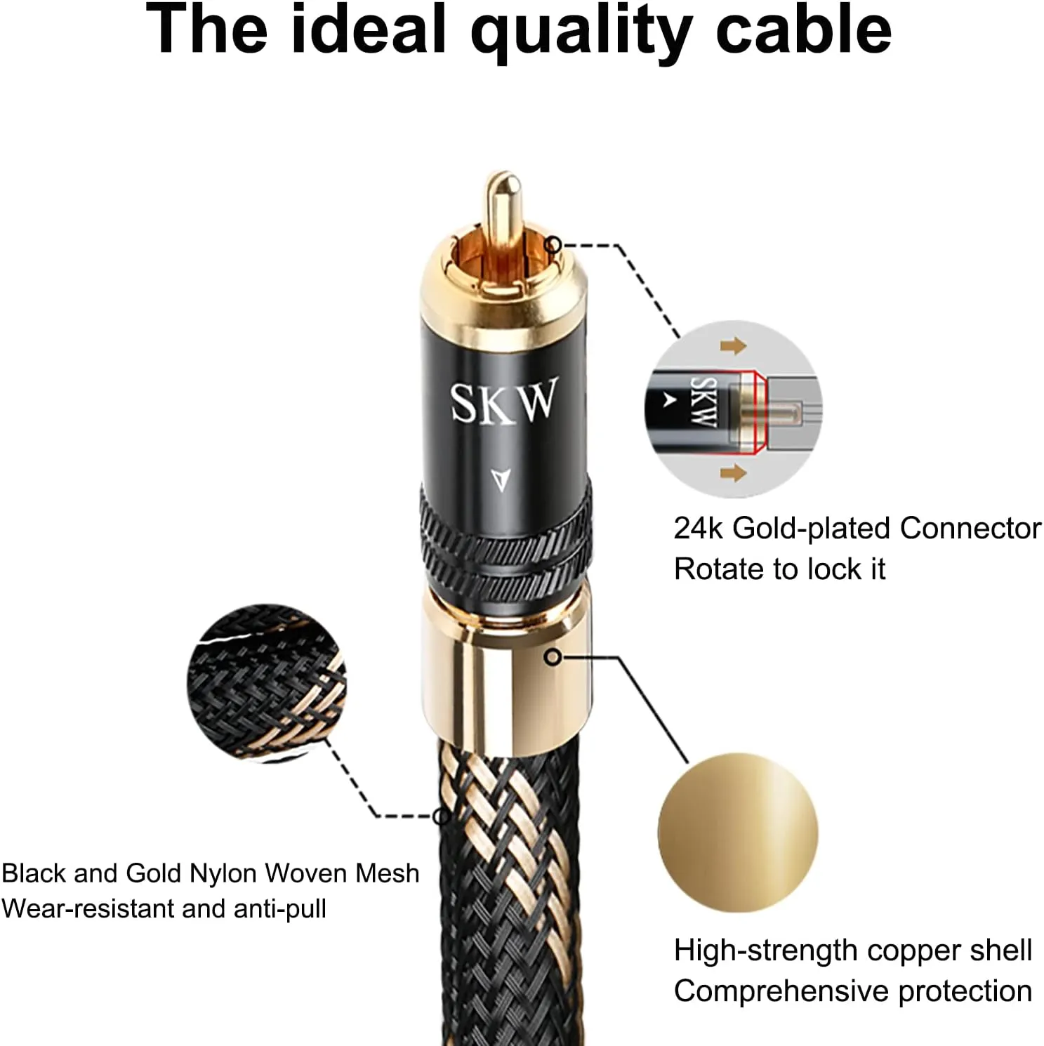 SKW Audiophiles Lock RCA Cable 2RCA Male to 2RCA Male HiFi System Interconnect Cable with Diameter 8mm 3.2ft/1M