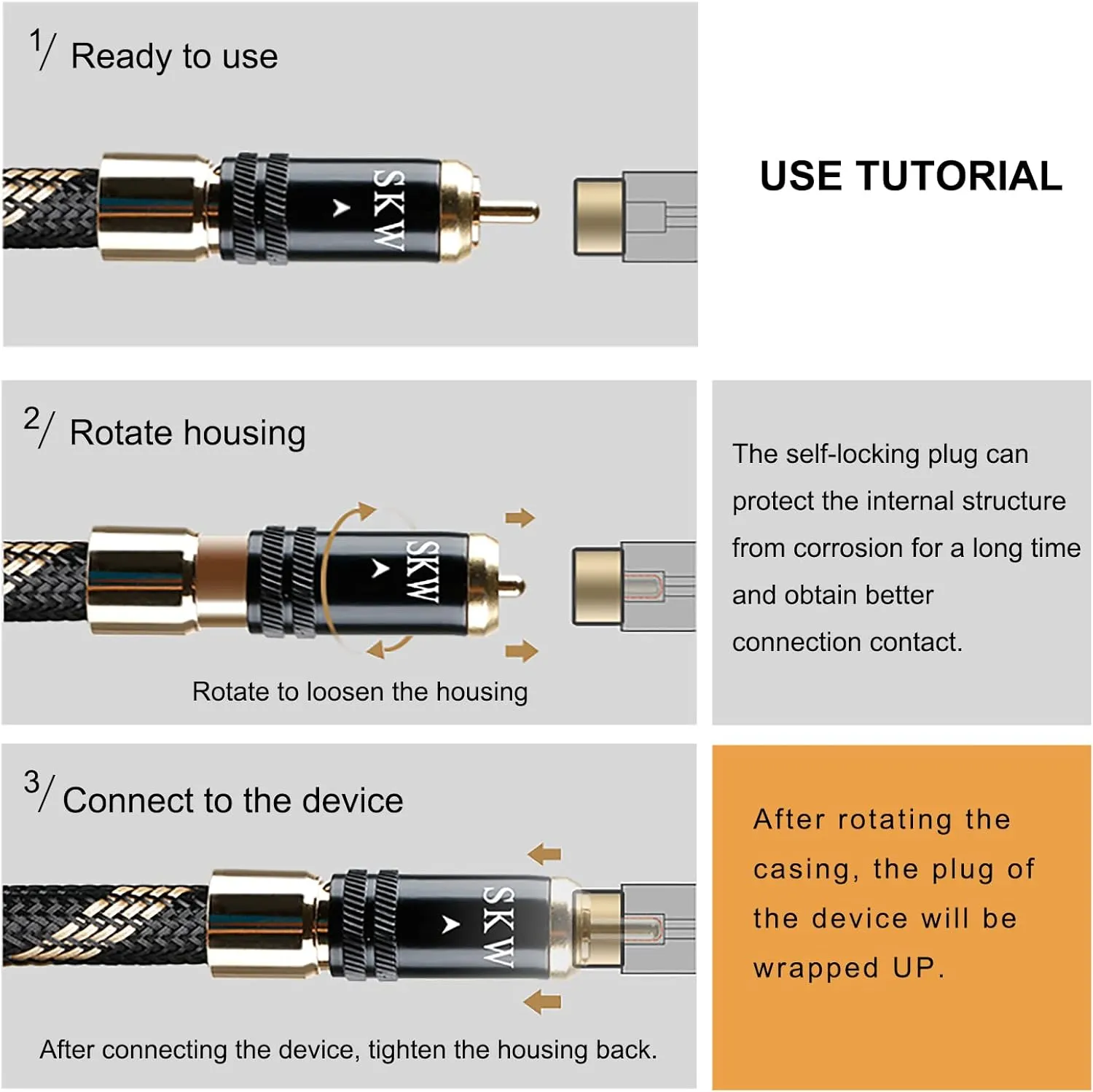 SKW Audiophiles Lock RCA Cable 2RCA Male to 2RCA Male HiFi System Interconnect Cable with Diameter 8mm 3.2ft/1M