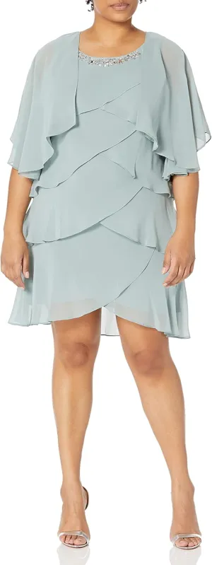 S.L. Fashions Women's Chiffon Tier Jacket Dress with Bead Neck