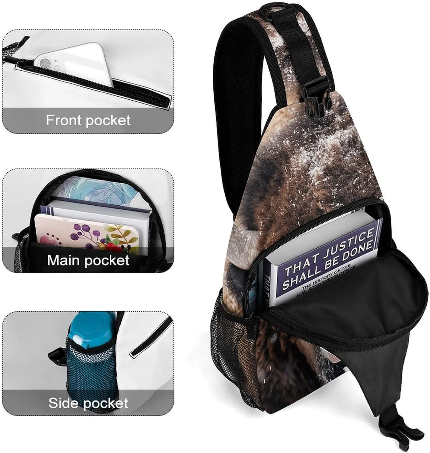 Sling Bag for Women Men Chest Bag Black And Brown Hair Daypack Fanny Pack Cross Body Bag for Traveling