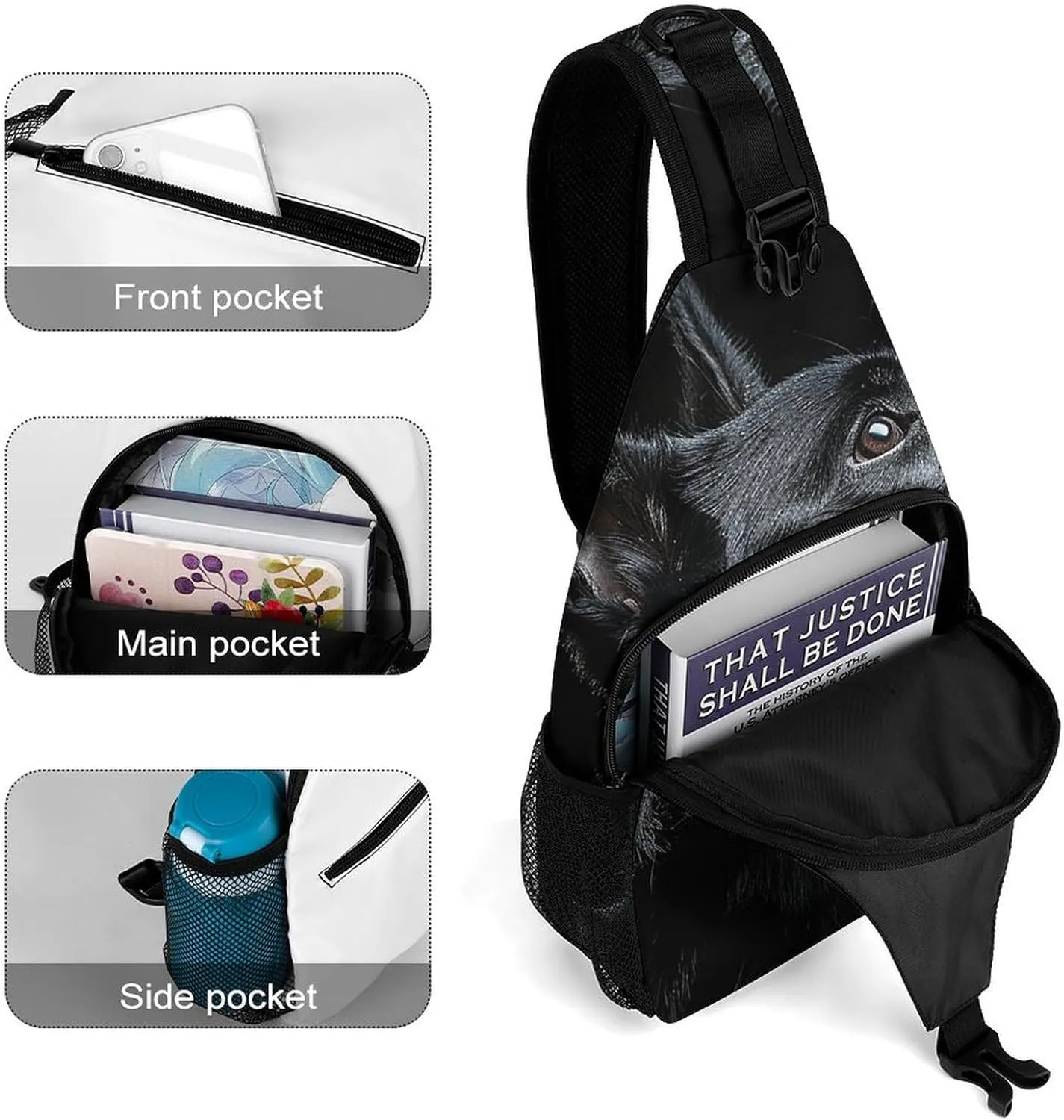 Sling Bag for Women Men Chest Bag Black Dog Looking Up Daypack Fanny Pack Cross Body Bag for Traveling