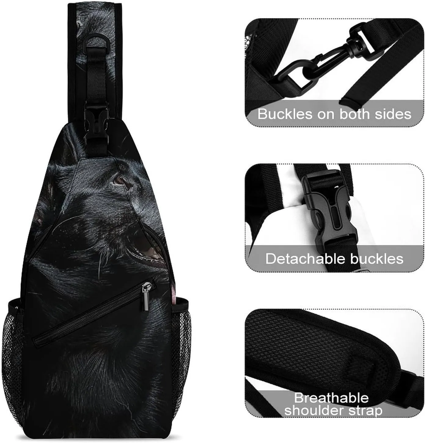 Sling Bag for Women Men Chest Bag Black Dog Looking Up Daypack Fanny Pack Cross Body Bag for Traveling