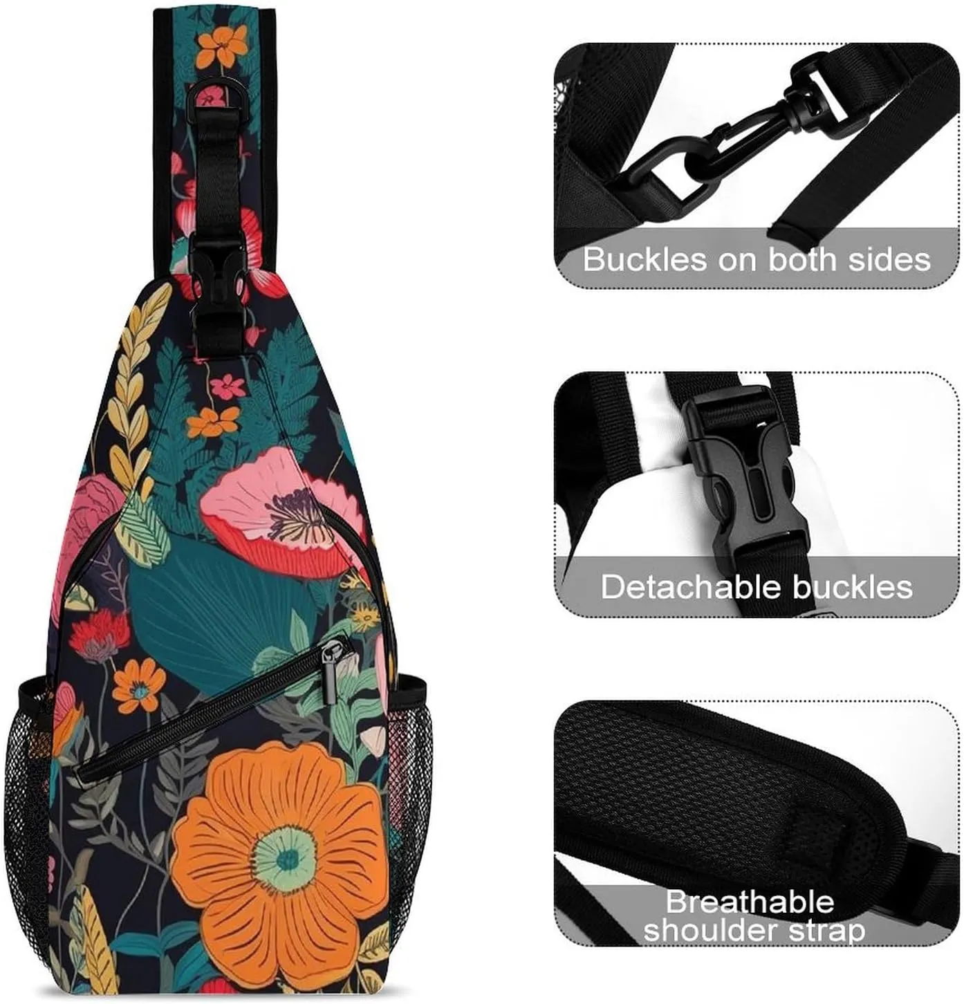 Sling Bag for Women Men Chest Bag Colorful Boho Floral Daypack Fanny Pack Cross Body Bag for Traveling