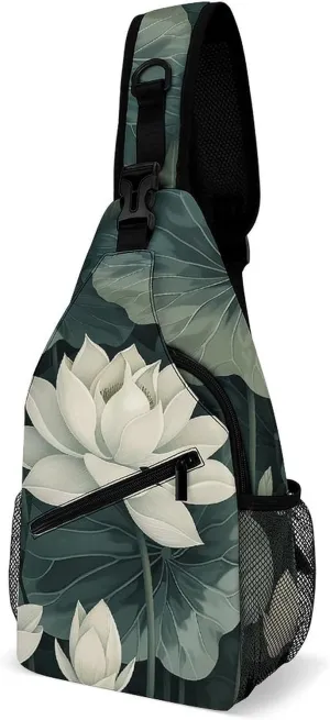 Sling Bag for Women Men Chest Bag Dark Green Leaves Daypack Fanny Pack Cross Body Bag for Traveling