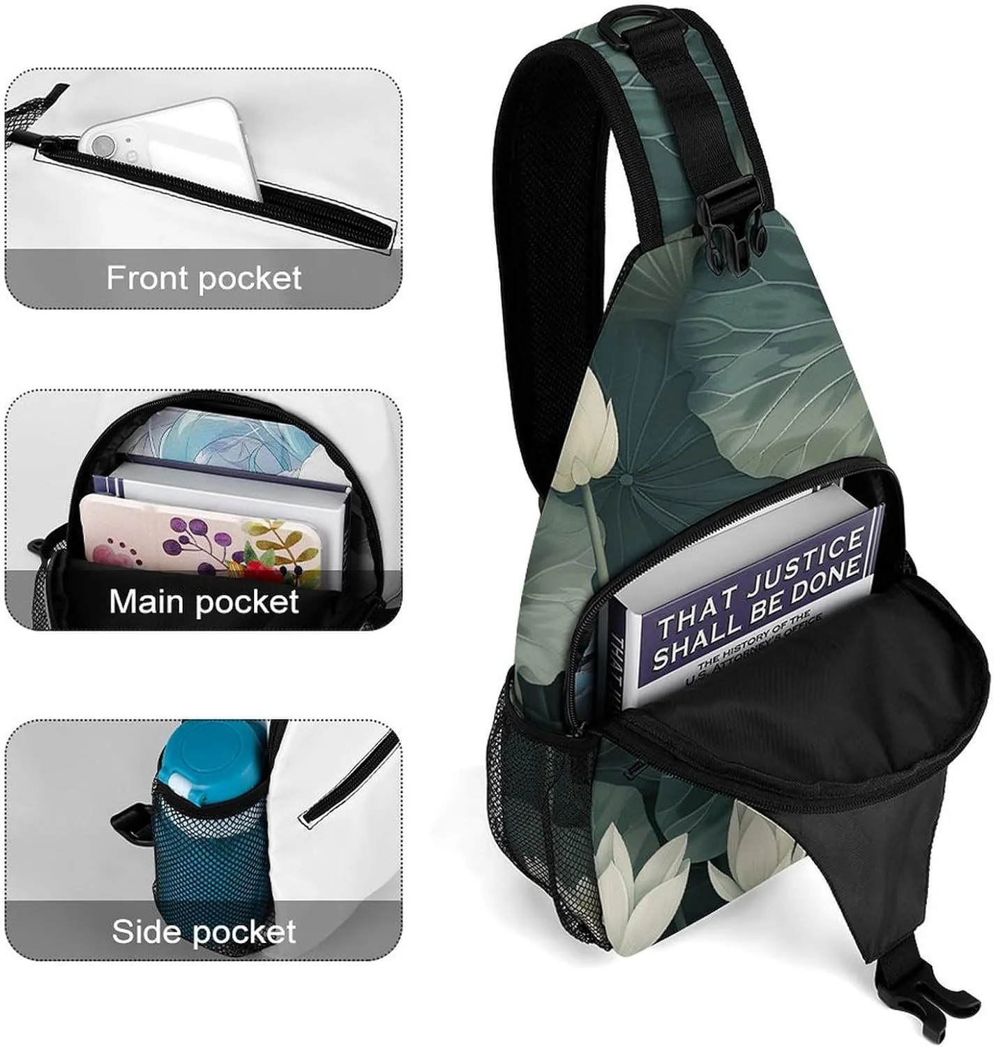 Sling Bag for Women Men Chest Bag Dark Green Leaves Daypack Fanny Pack Cross Body Bag for Traveling