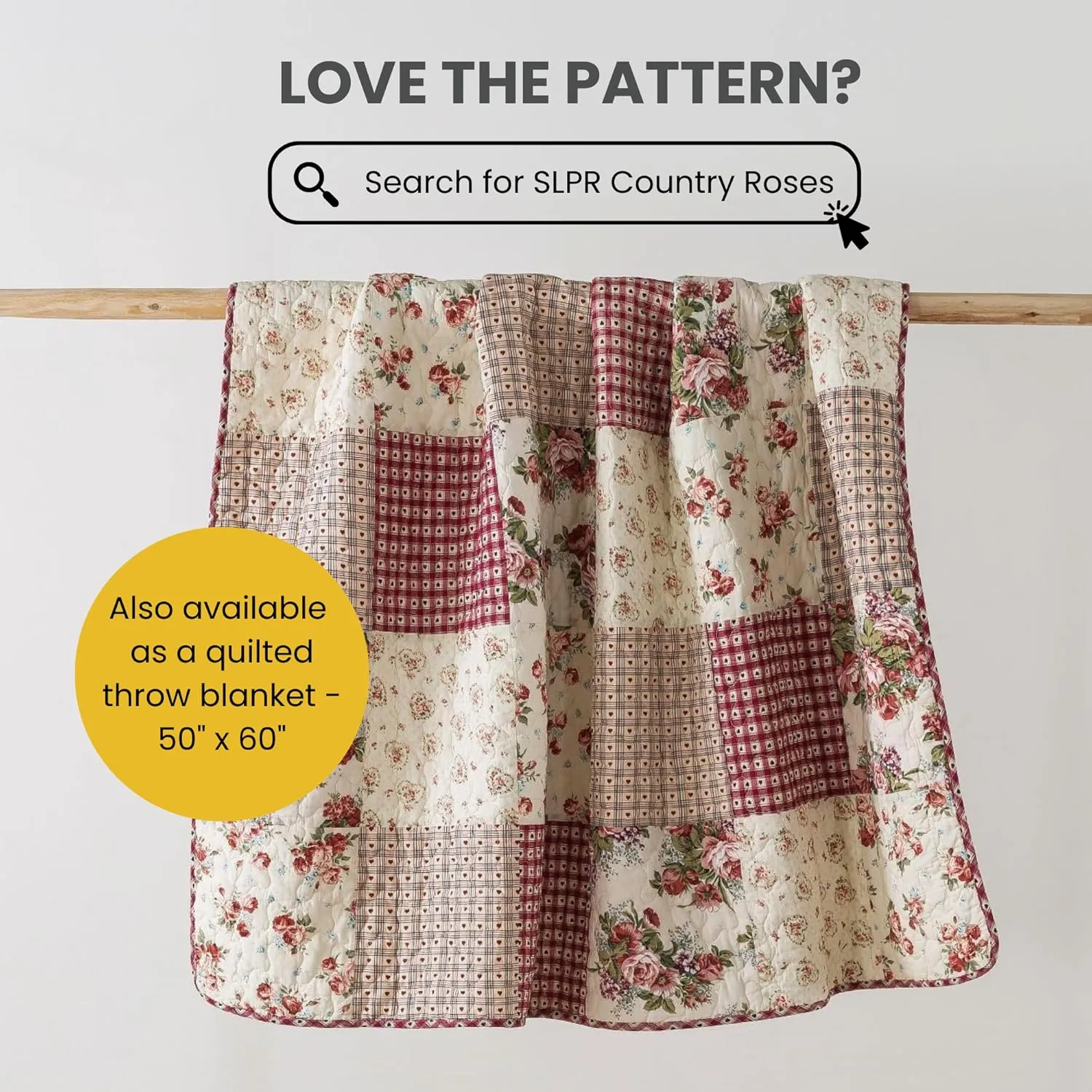 SLPR Country Roses Patchwork Cotton Pieced Quilt Set - King Size with 2 Shams, French Country Style Floral Bedding, Red Rose Farmhouse Quilted Bedspread with Flower Pattern