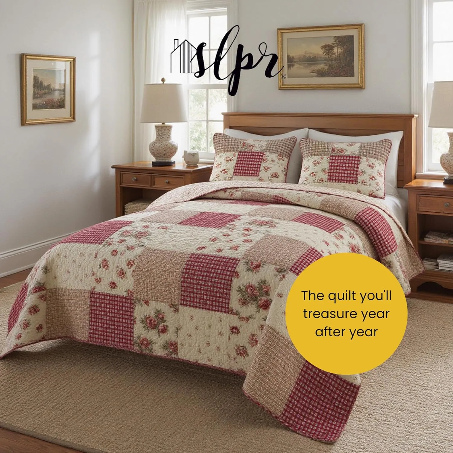 SLPR Country Roses Patchwork Cotton Pieced Quilt Set - Twin Size with 1 Sham, French Country Style Floral Bedding, Red Rose Farmhouse Quilted Bedspread with Flower Pattern