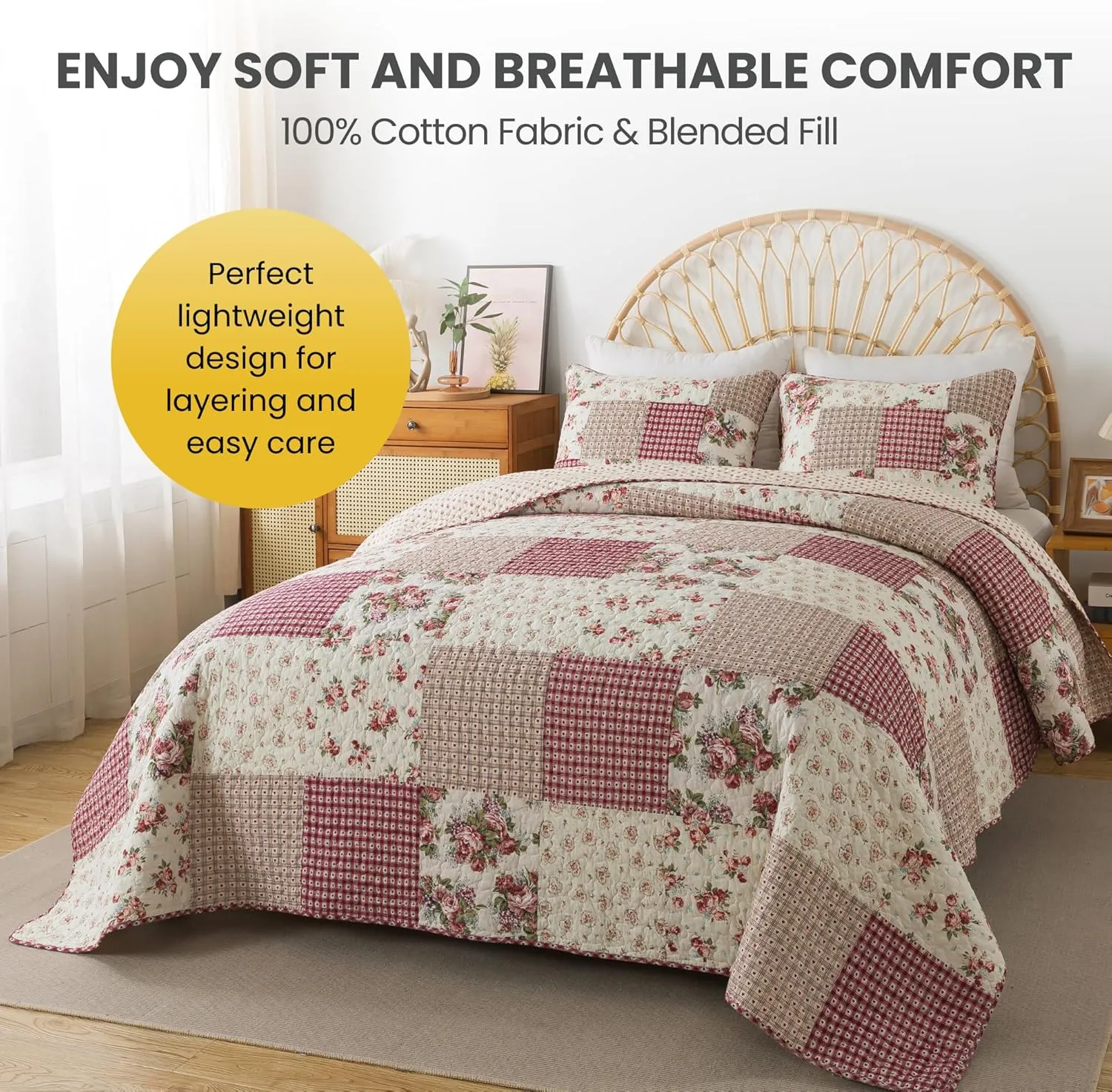 SLPR Country Roses Patchwork Cotton Pieced Quilt Set - Twin Size with 1 Sham, French Country Style Floral Bedding, Red Rose Farmhouse Quilted Bedspread with Flower Pattern