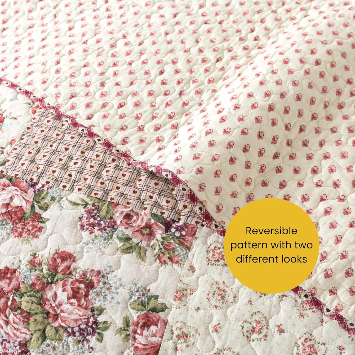SLPR Country Roses Patchwork Cotton Pieced Quilt Set - Twin Size with 1 Sham, French Country Style Floral Bedding, Red Rose Farmhouse Quilted Bedspread with Flower Pattern