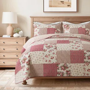 SLPR Country Roses Patchwork Cotton Pieced Quilt Set - Twin Size with 1 Sham, French Country Style Floral Bedding, Red Rose Farmhouse Quilted Bedspread with Flower Pattern