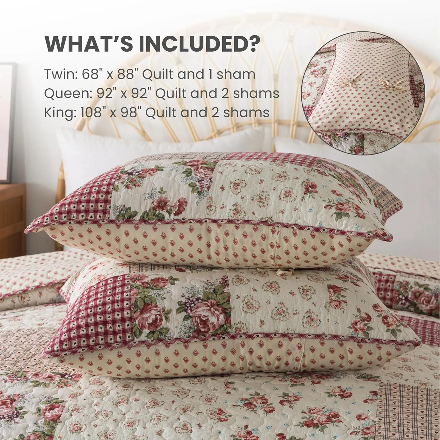 SLPR Country Roses Patchwork Cotton Pieced Quilt Set - Twin Size with 1 Sham, French Country Style Floral Bedding, Red Rose Farmhouse Quilted Bedspread with Flower Pattern