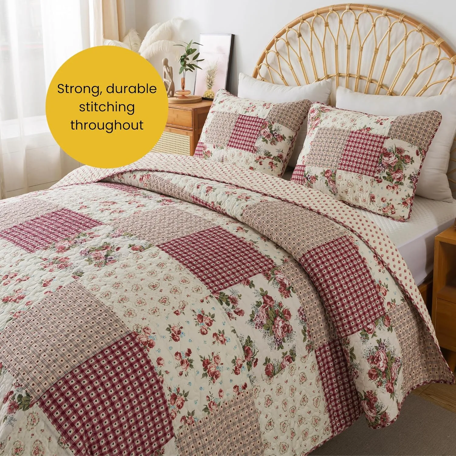 SLPR Country Roses Patchwork Cotton Pieced Quilt Set - Twin Size with 1 Sham, French Country Style Floral Bedding, Red Rose Farmhouse Quilted Bedspread with Flower Pattern