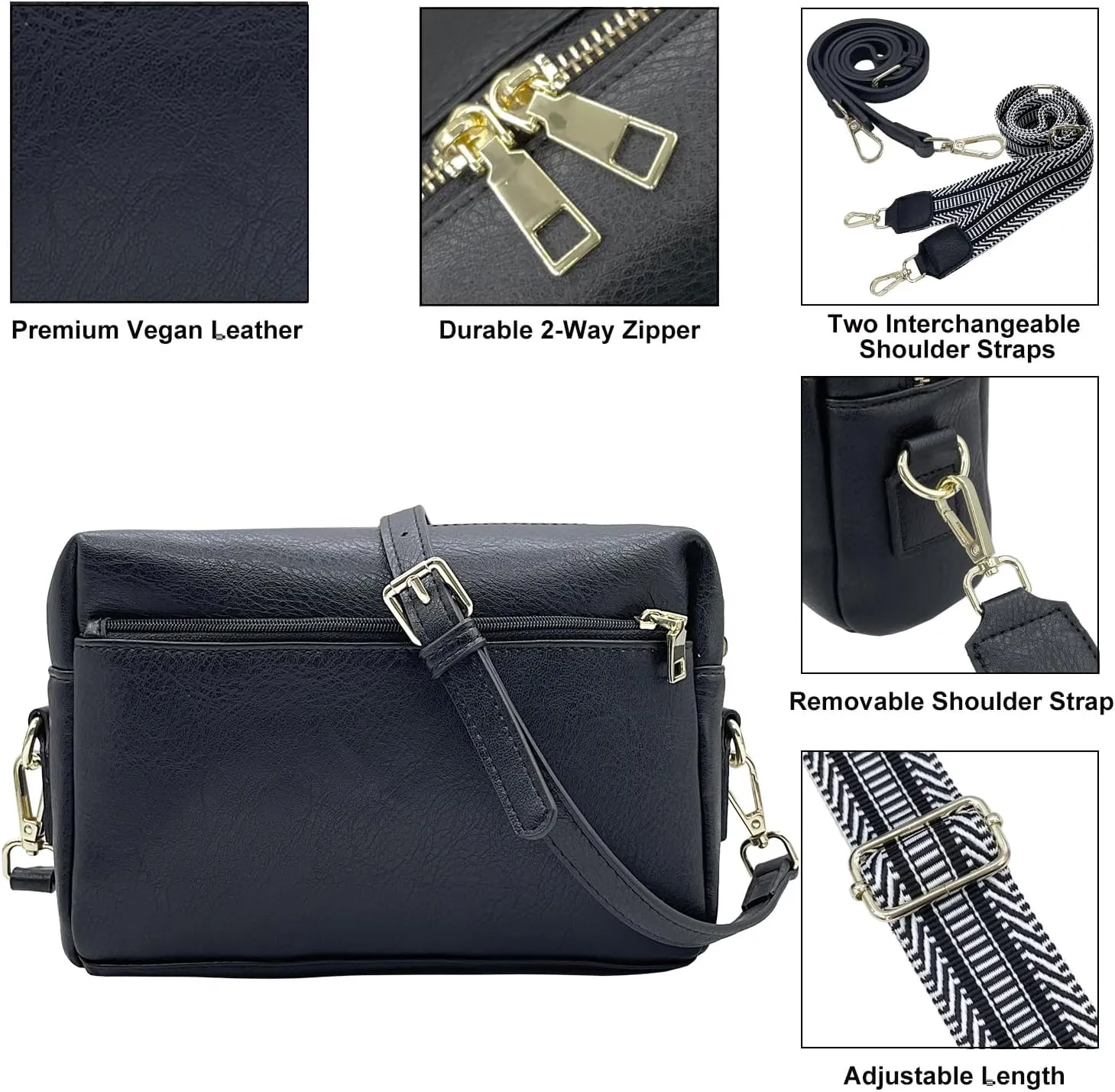 Small Crossbody Bags Purses for Women Triple Zip Vegan Leather Shoulder Handbags with Guitar & Leather Straps