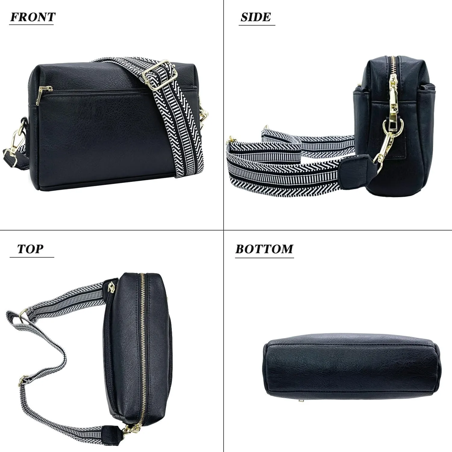 Small Crossbody Bags Purses for Women Triple Zip Vegan Leather Shoulder Handbags with Guitar & Leather Straps