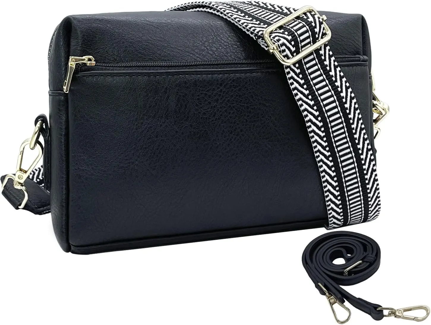 Small Crossbody Bags Purses for Women Triple Zip Vegan Leather Shoulder Handbags with Guitar & Leather Straps