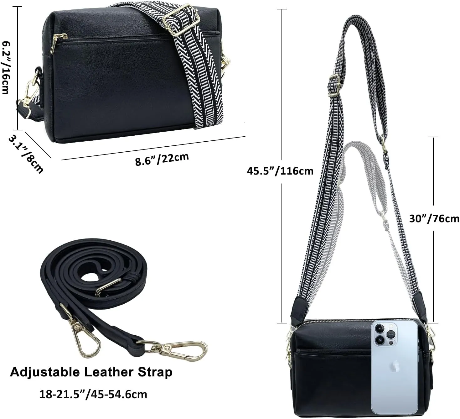 Small Crossbody Bags Purses for Women Triple Zip Vegan Leather Shoulder Handbags with Guitar & Leather Straps