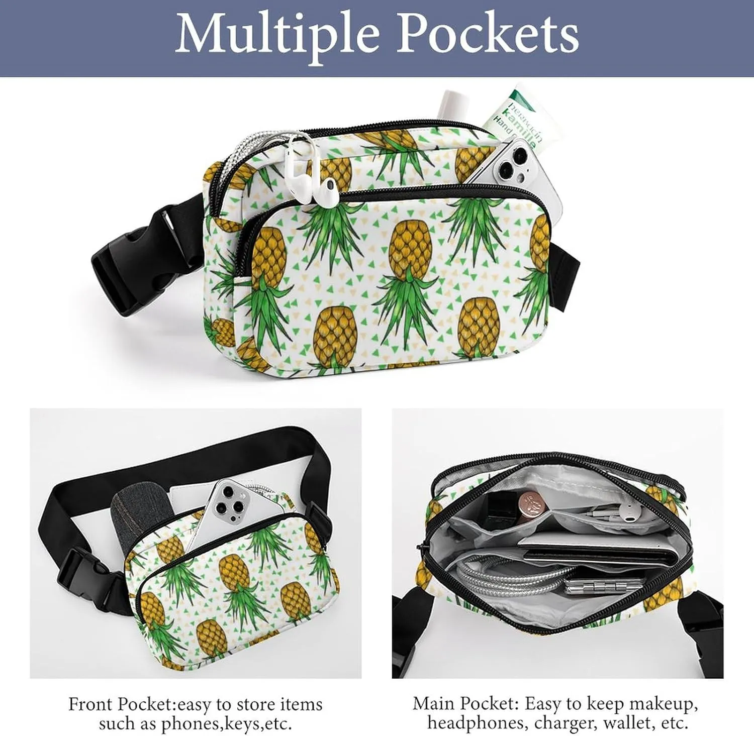 Small Fanny Pack Sport Belt Bag, Lightweight Crossbody Shoulder Purses, Upside Down Pineapples Waist Pack with Adjustable Belt Water Resistant Running Hip Bum Bag