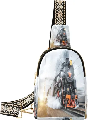 Small Sling Bag for Women Steam Locomotive Train Leather Crossbody Fanny Packs Fashion Waist Packs